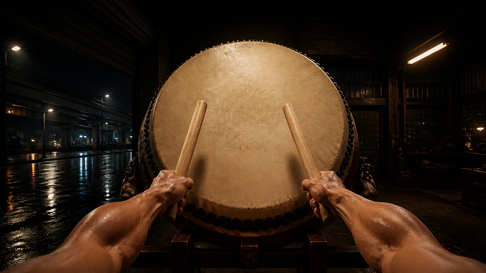 巨大な和太鼓を二本のバチで構える大太鼓ゲームの演奏画面